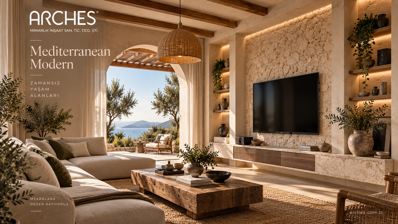 Arches Mimarlık modern sıcak lüks villa salon tasarımı ve anahtar teslim ahşap detaylı dekorasyon projesi.