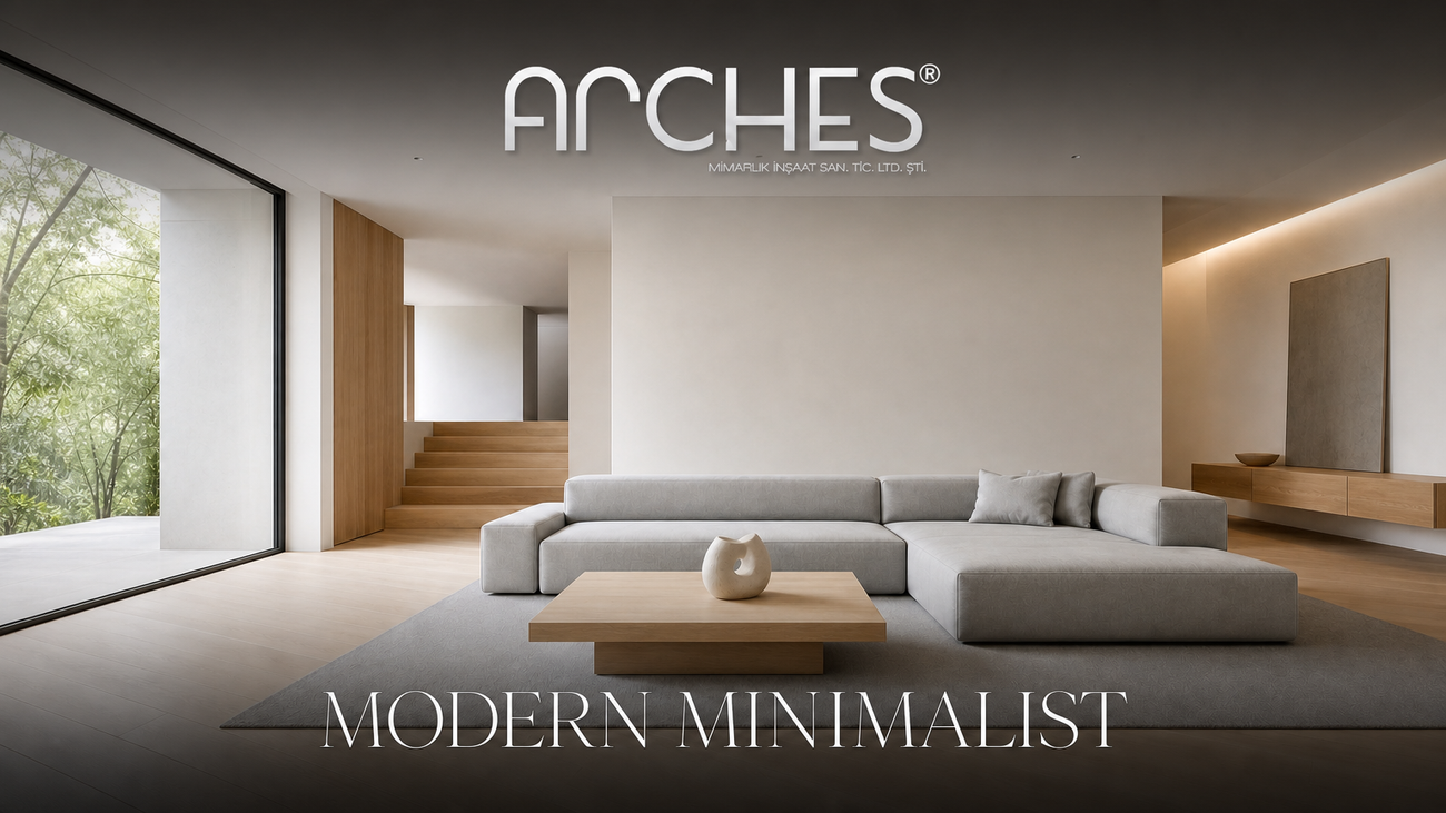 Arches Mimarlık modern minimalist tarz lüks konut ve villa salon iç mekan konsept tasarımı.