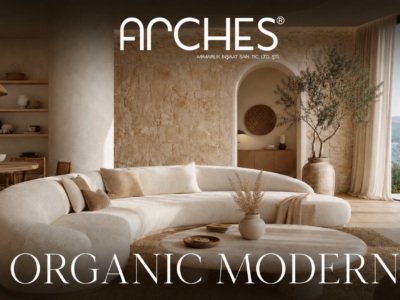 Arches Mimarlık modern organik tarz lüks villa salon tasarımı ve anahtar teslim iç mekan konsept uygulama projesi.